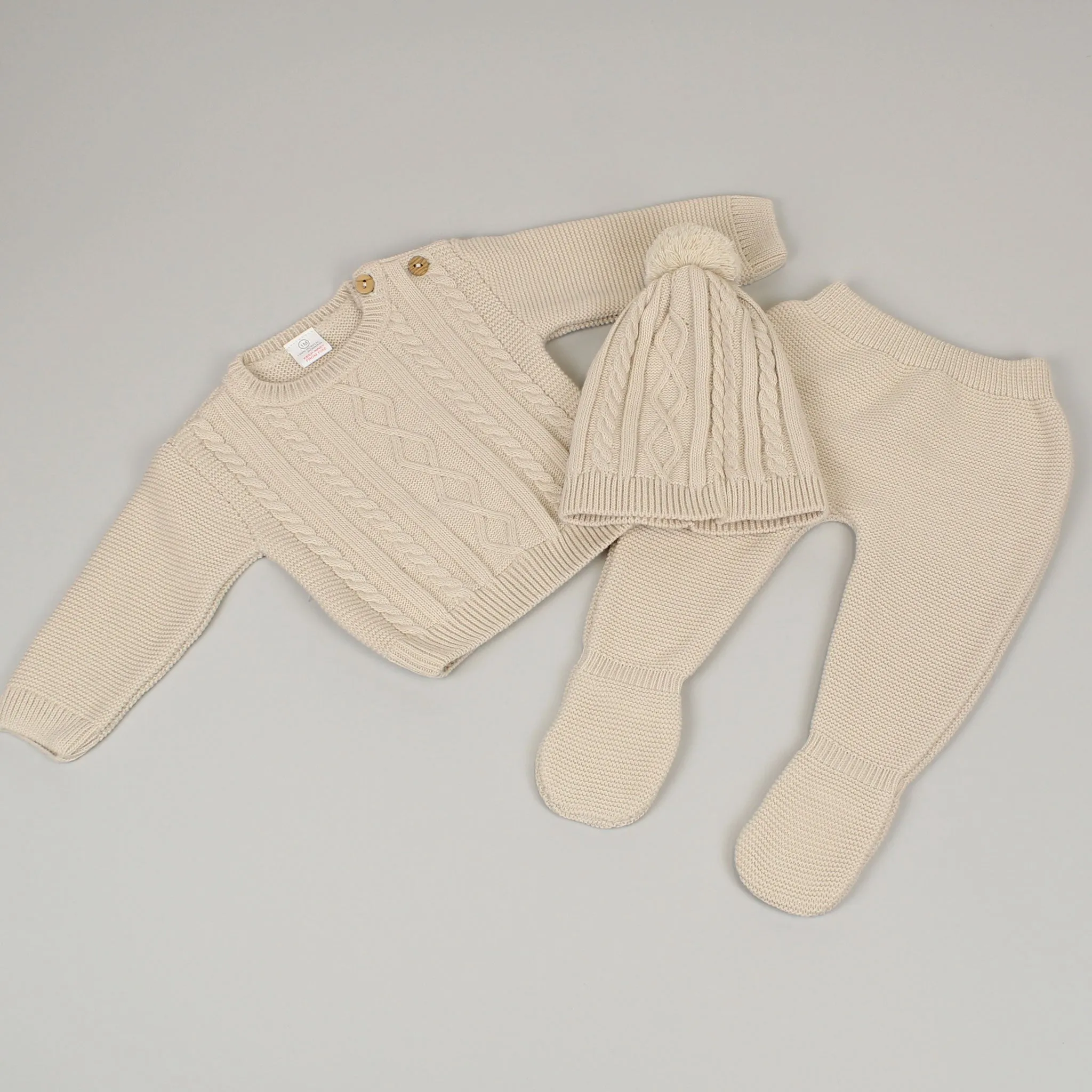 Baby Unisex 3 Piece Knitted Outfit - Trousers, Jumper & Pom Hat - Beige