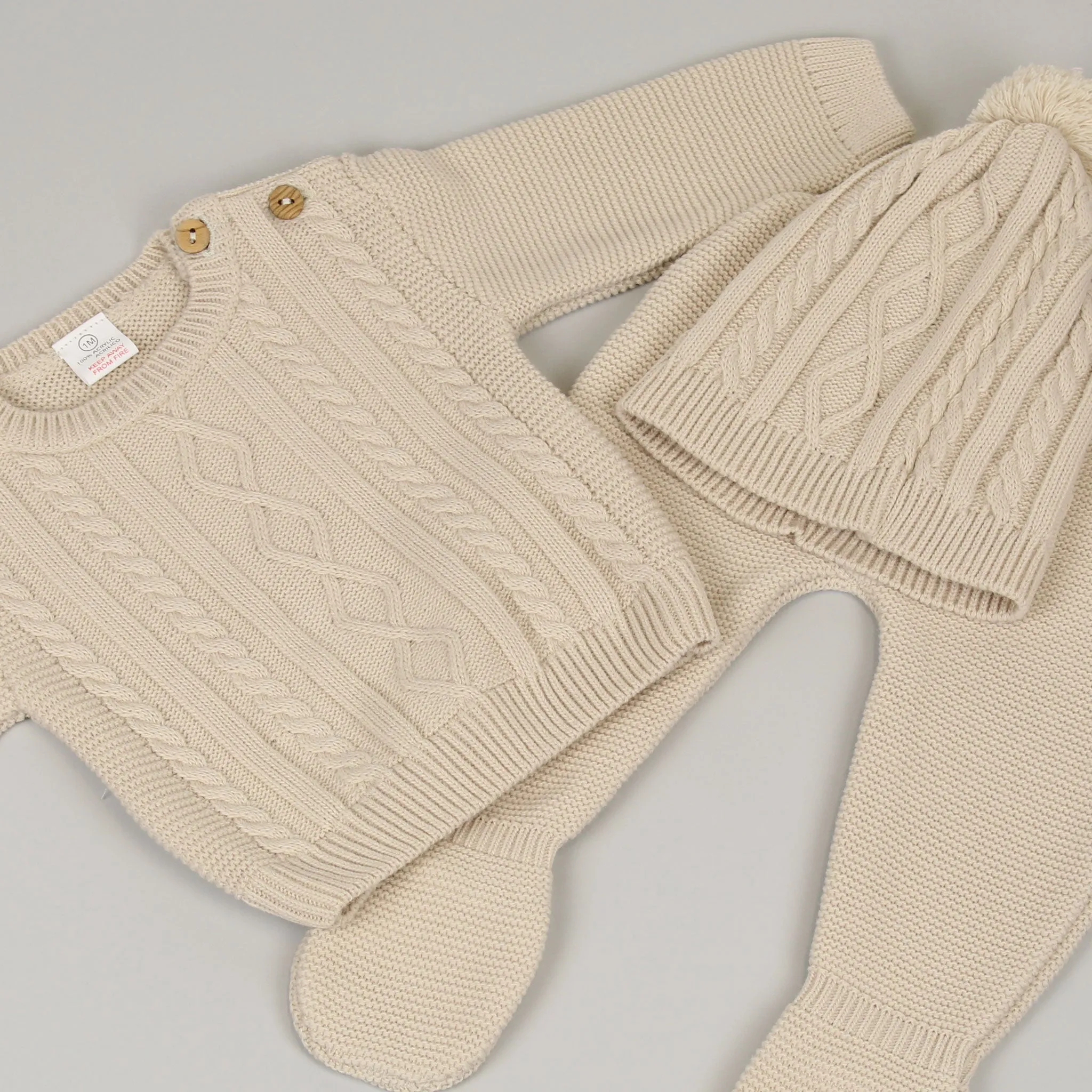 Baby Unisex 3 Piece Knitted Outfit - Trousers, Jumper & Pom Hat - Beige