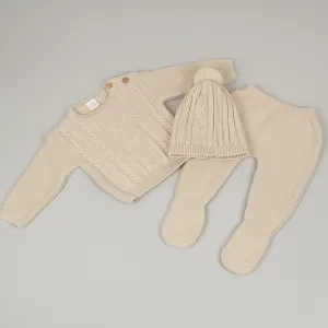 Baby Unisex 3 Piece Knitted Outfit - Trousers, Jumper & Pom Hat - Beige