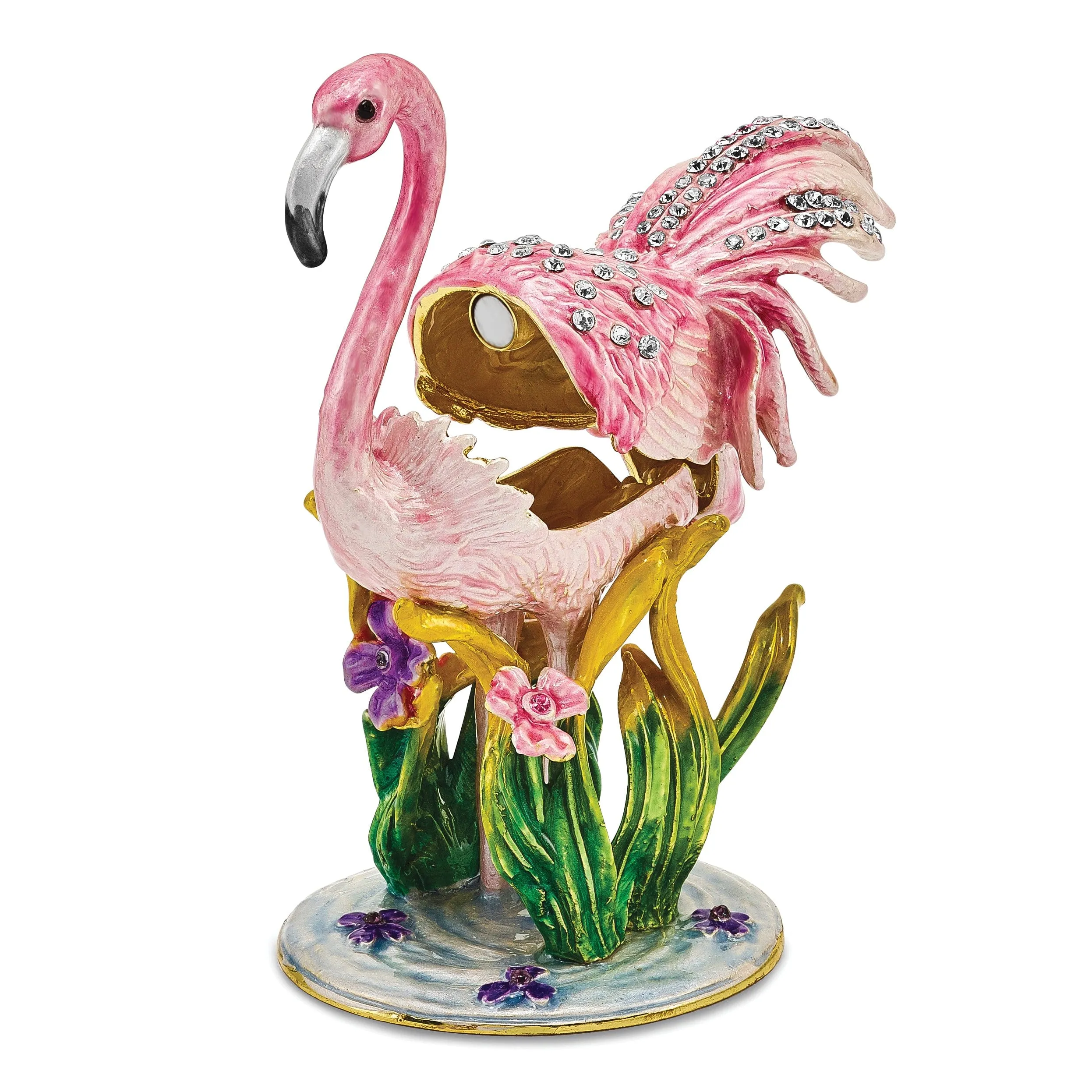 Bejeweled Pewter Color Enamel JEZEBEL Pink Flamingo Trinket Box Design