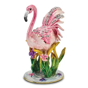 Bejeweled Pewter Color Enamel JEZEBEL Pink Flamingo Trinket Box Design