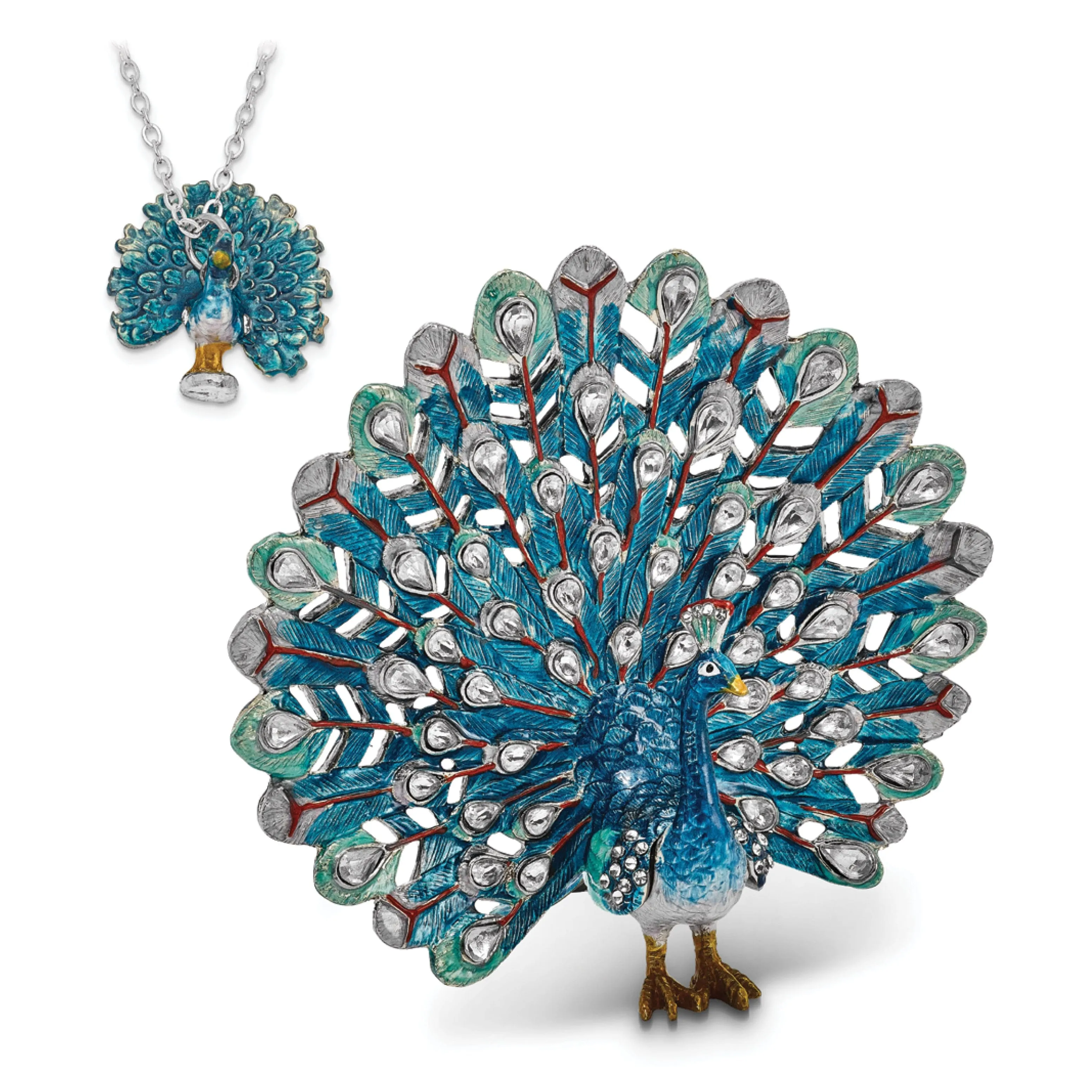 Bejeweled Pewter Multi Color IRIDESCENCE Blue Peacock Trinket Box