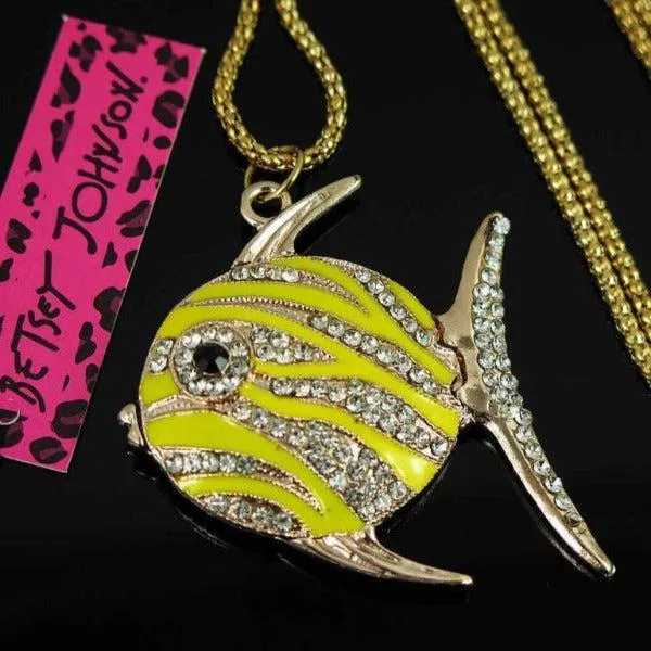 Betsey Johnson Yellow Enamel Fish Rhinestone Pendant Necklace