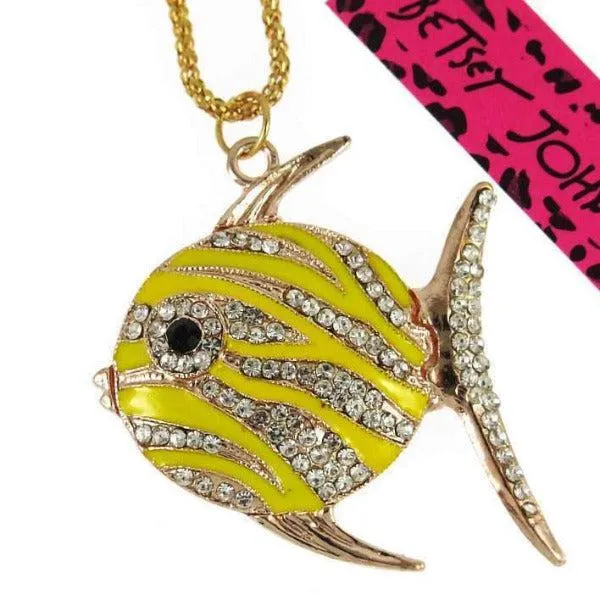 Betsey Johnson Yellow Enamel Fish Rhinestone Pendant Necklace