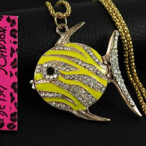 Betsey Johnson Yellow Enamel Fish Rhinestone Pendant Necklace