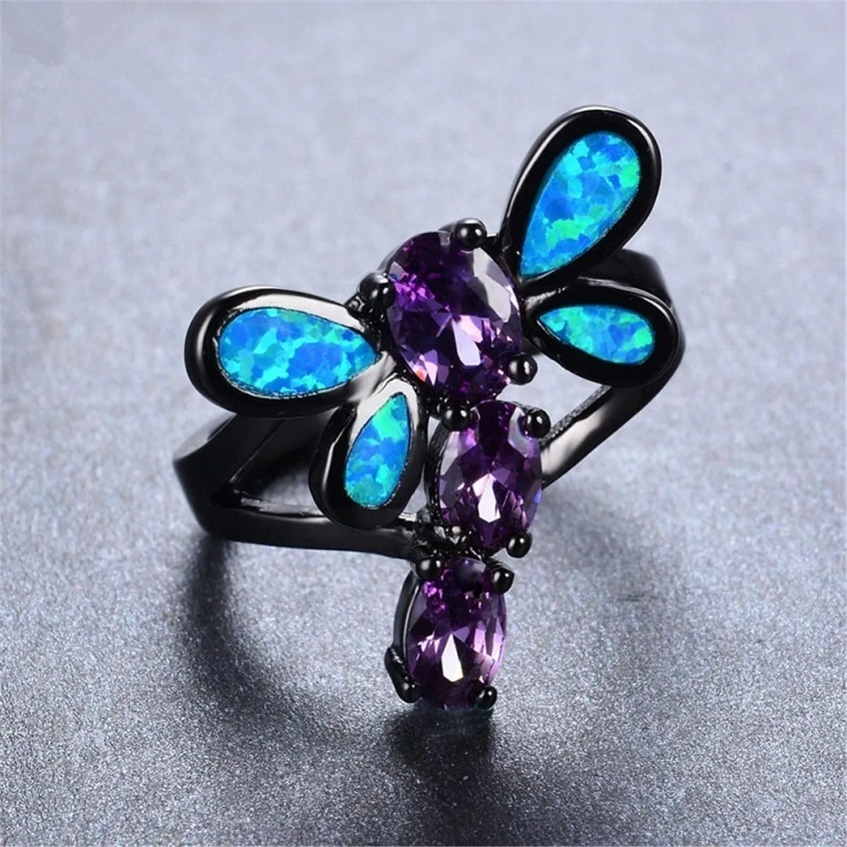 Blue Opal & Purple Crystal Dragonfly Openwork Ring