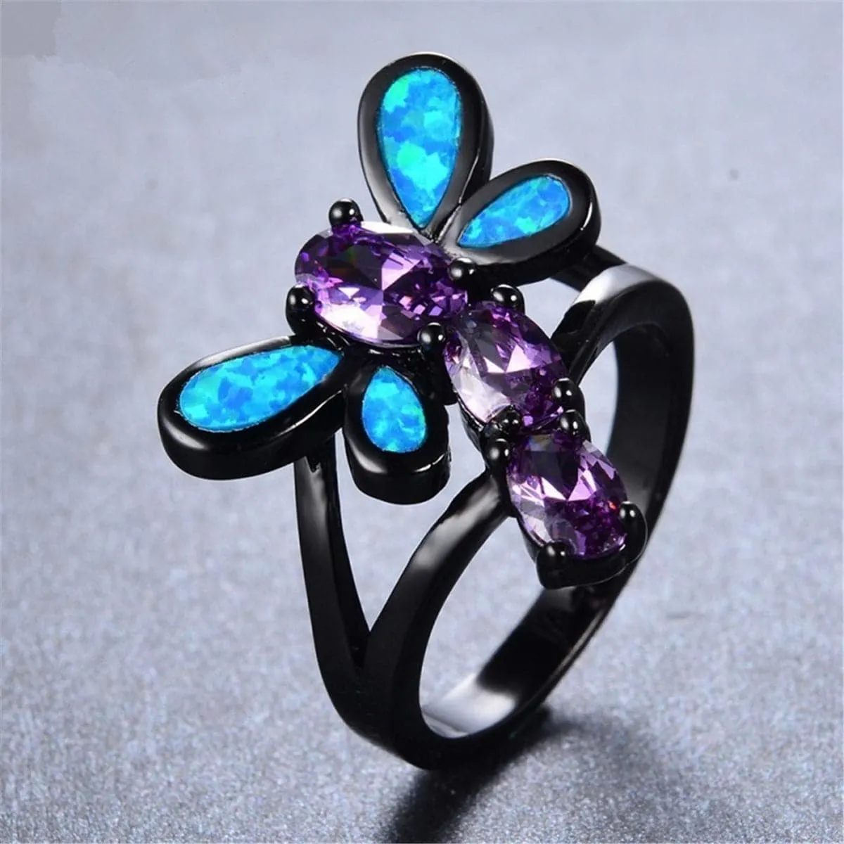 Blue Opal & Purple Crystal Dragonfly Openwork Ring