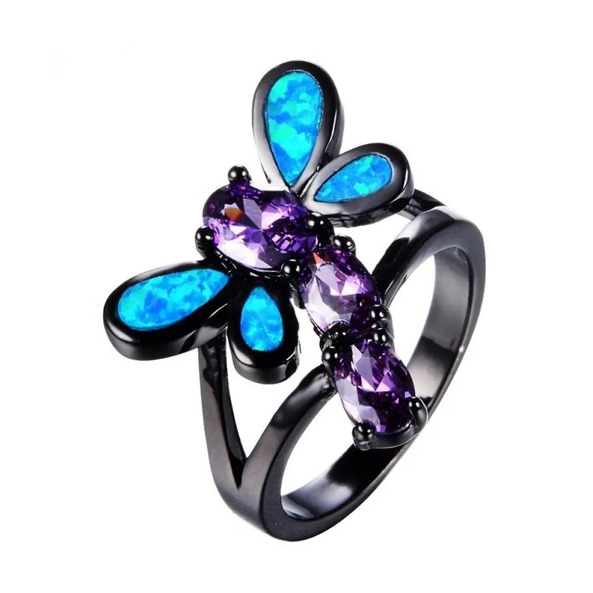 Blue Opal & Purple Crystal Dragonfly Openwork Ring