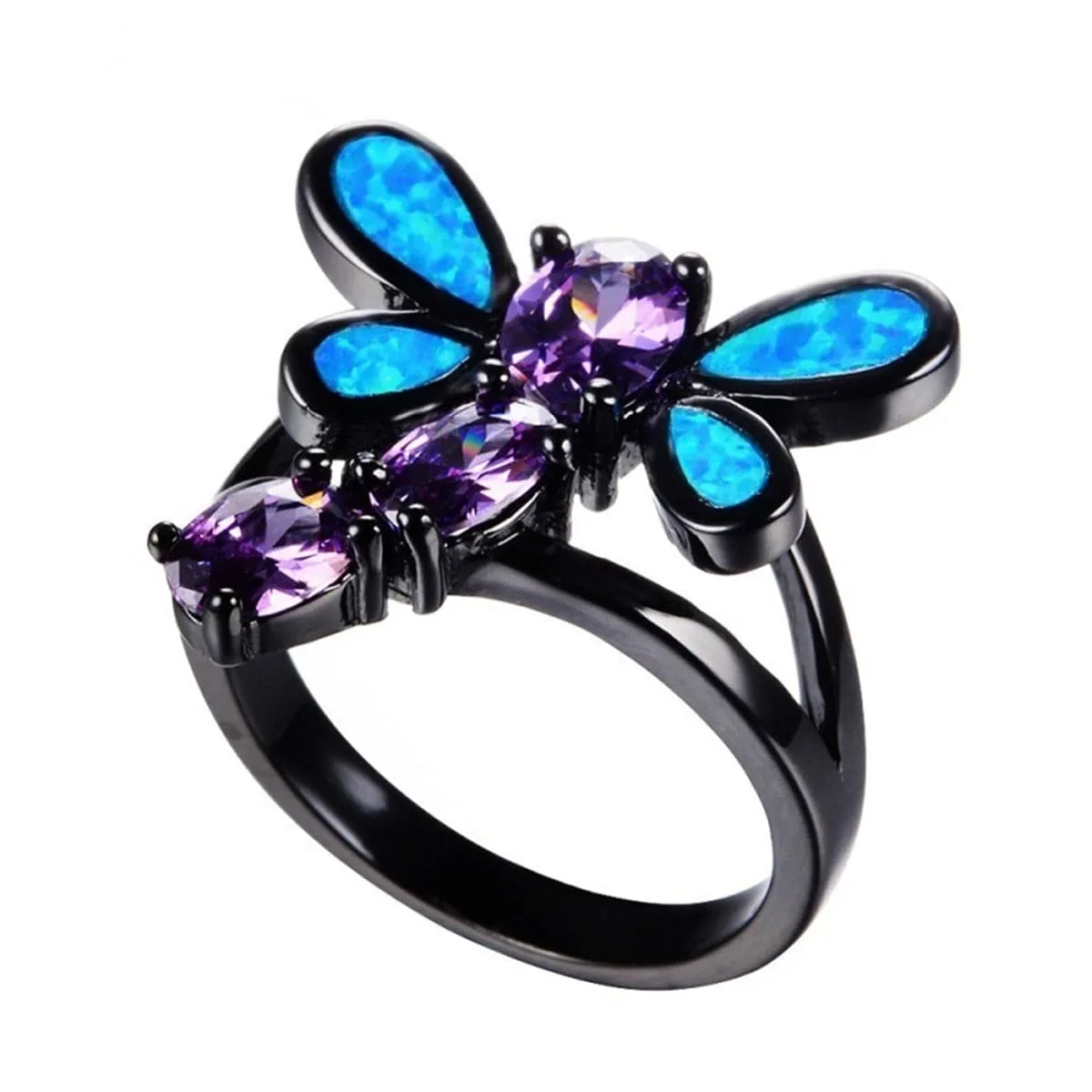 Blue Opal & Purple Crystal Dragonfly Openwork Ring