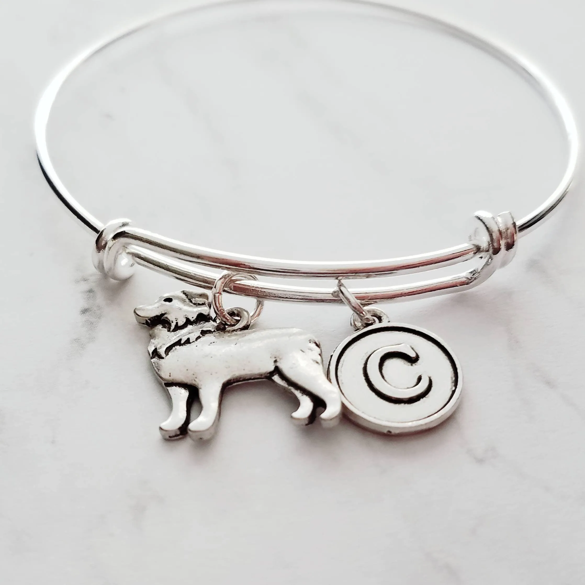 Border Collie Bracelet, adjustable silver bangle, dog charm bracelet, personalized gift, letter charm, herder dog jewelry, silver dog charm