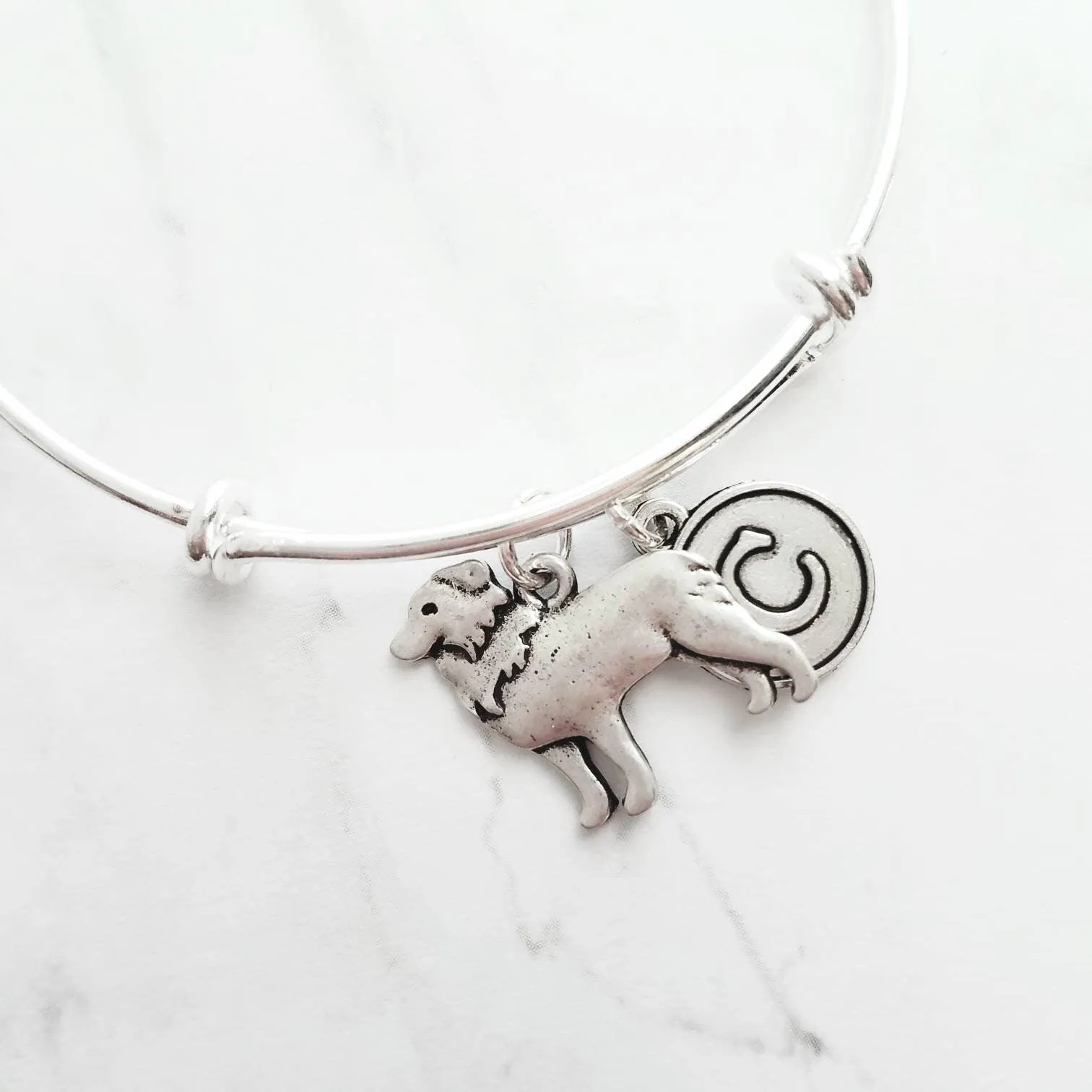 Border Collie Bracelet, adjustable silver bangle, dog charm bracelet, personalized gift, letter charm, herder dog jewelry, silver dog charm