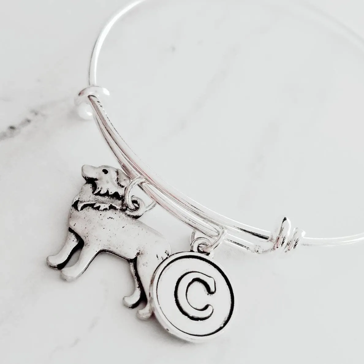 Border Collie Bracelet, adjustable silver bangle, dog charm bracelet, personalized gift, letter charm, herder dog jewelry, silver dog charm