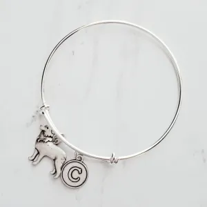 Border Collie Bracelet, adjustable silver bangle, dog charm bracelet, personalized gift, letter charm, herder dog jewelry, silver dog charm