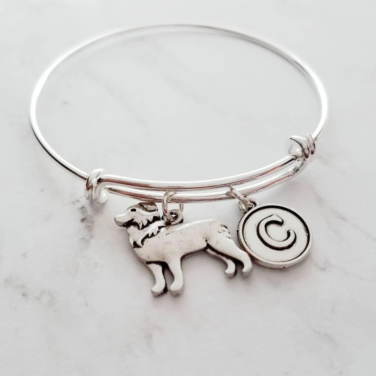 Border Collie Bracelet, adjustable silver bangle, dog charm bracelet, personalized gift, letter charm, herder dog jewelry, silver dog charm