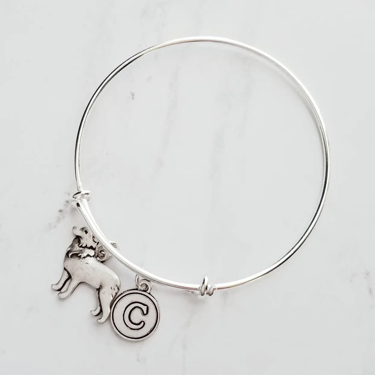 Border Collie Bracelet, adjustable silver bangle, dog charm bracelet, personalized gift, letter charm, herder dog jewelry, silver dog charm