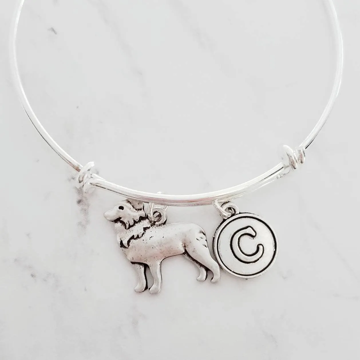 Border Collie Bracelet, adjustable silver bangle, dog charm bracelet, personalized gift, letter charm, herder dog jewelry, silver dog charm