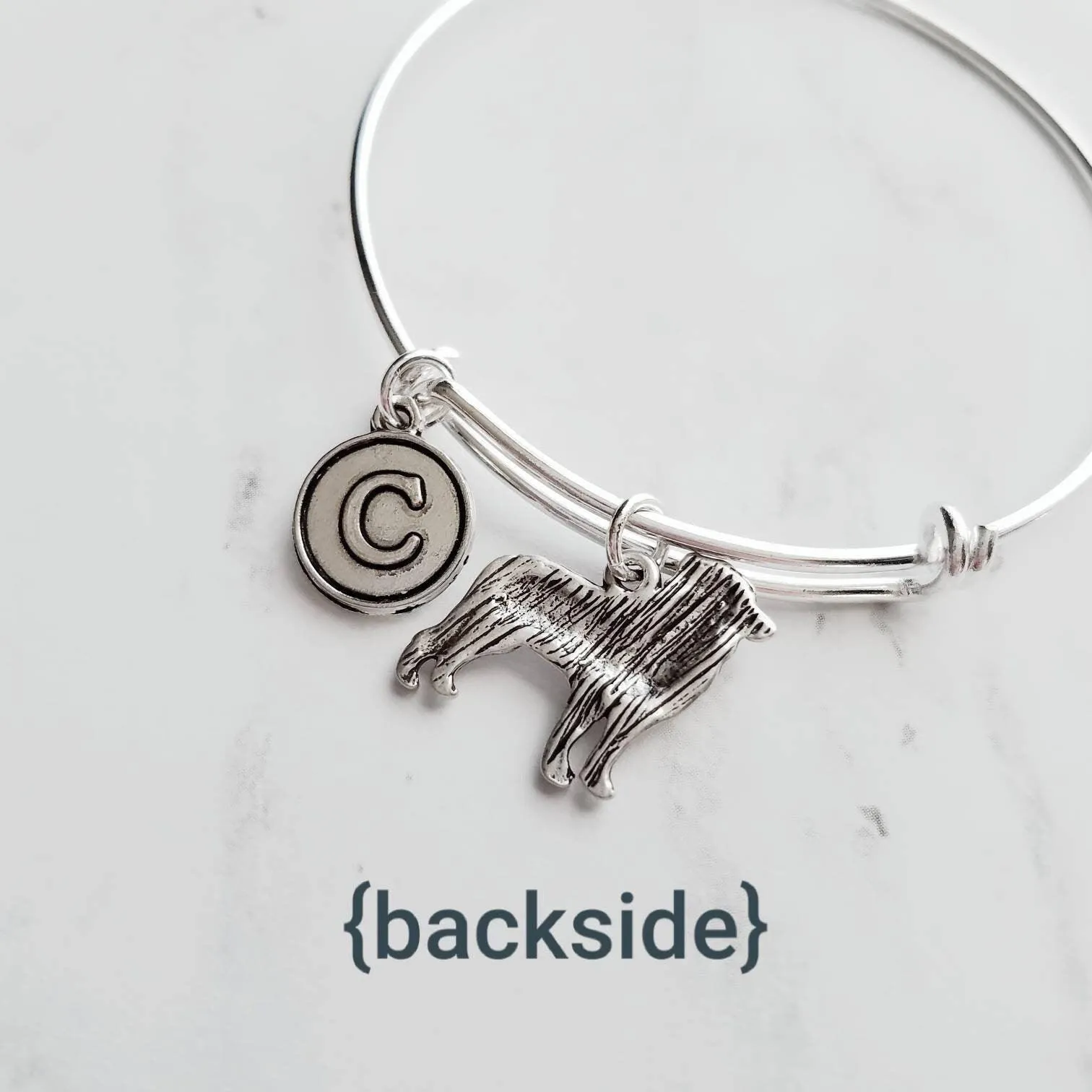 Border Collie Bracelet, adjustable silver bangle, dog charm bracelet, personalized gift, letter charm, herder dog jewelry, silver dog charm