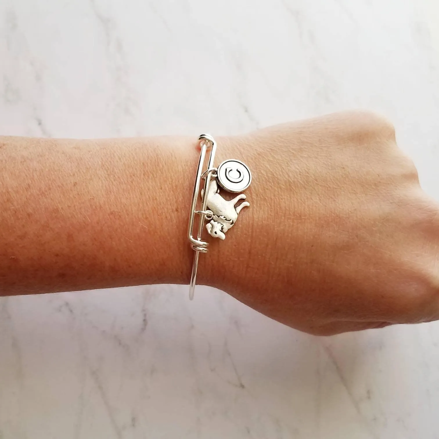 Border Collie Bracelet, adjustable silver bangle, dog charm bracelet, personalized gift, letter charm, herder dog jewelry, silver dog charm