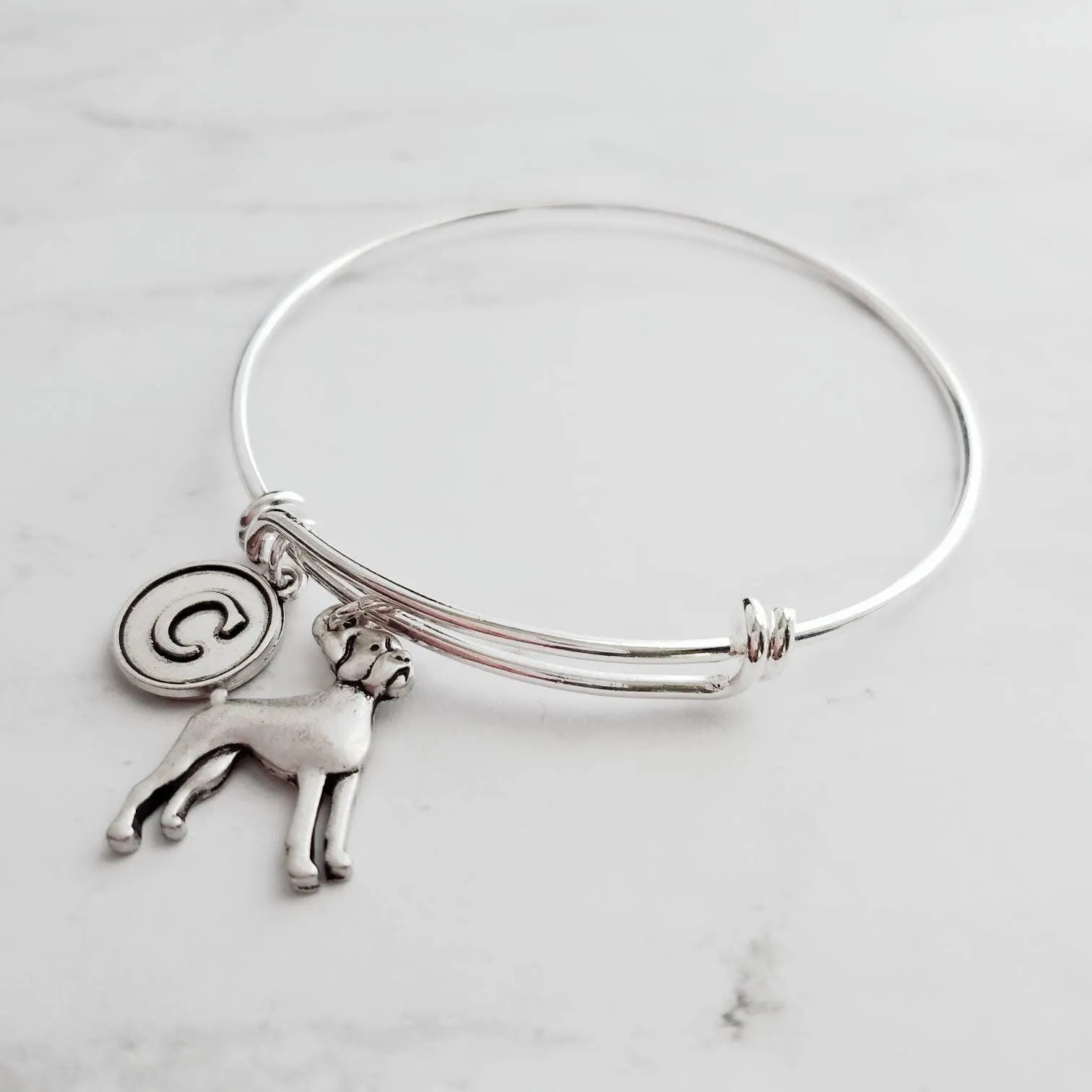 Boxer Dog Bracelet - silver adjustable bangle double loop pet charm - personalized letter initial monogram - handmade Boxer puppy jewelry