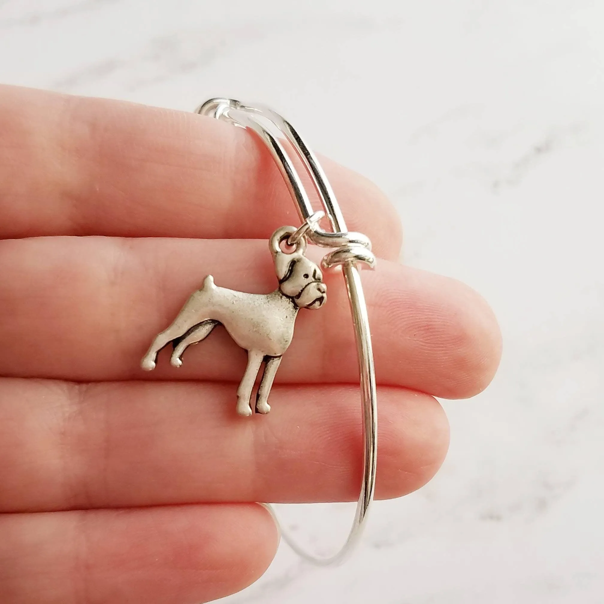 Boxer Dog Bracelet - silver adjustable bangle double loop pet charm - personalized letter initial monogram - handmade Boxer puppy jewelry