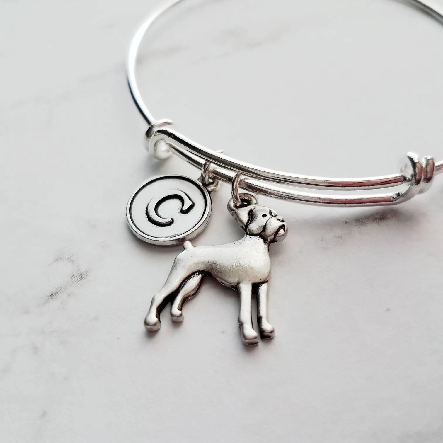 Boxer Dog Bracelet - silver adjustable bangle double loop pet charm - personalized letter initial monogram - handmade Boxer puppy jewelry