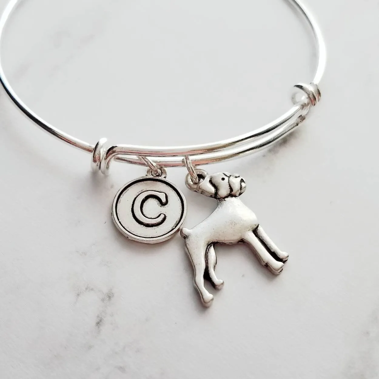 Boxer Dog Bracelet - silver adjustable bangle double loop pet charm - personalized letter initial monogram - handmade Boxer puppy jewelry