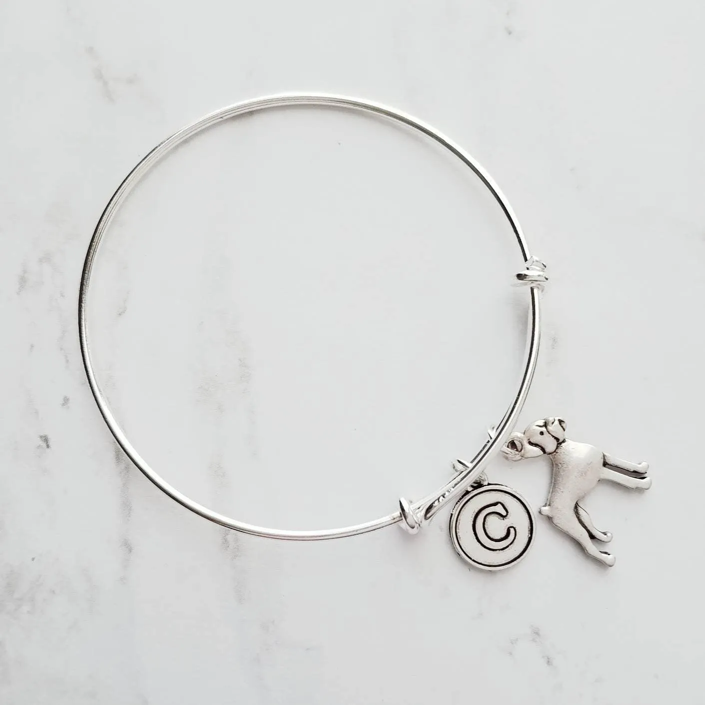 Boxer Dog Bracelet - silver adjustable bangle double loop pet charm - personalized letter initial monogram - handmade Boxer puppy jewelry