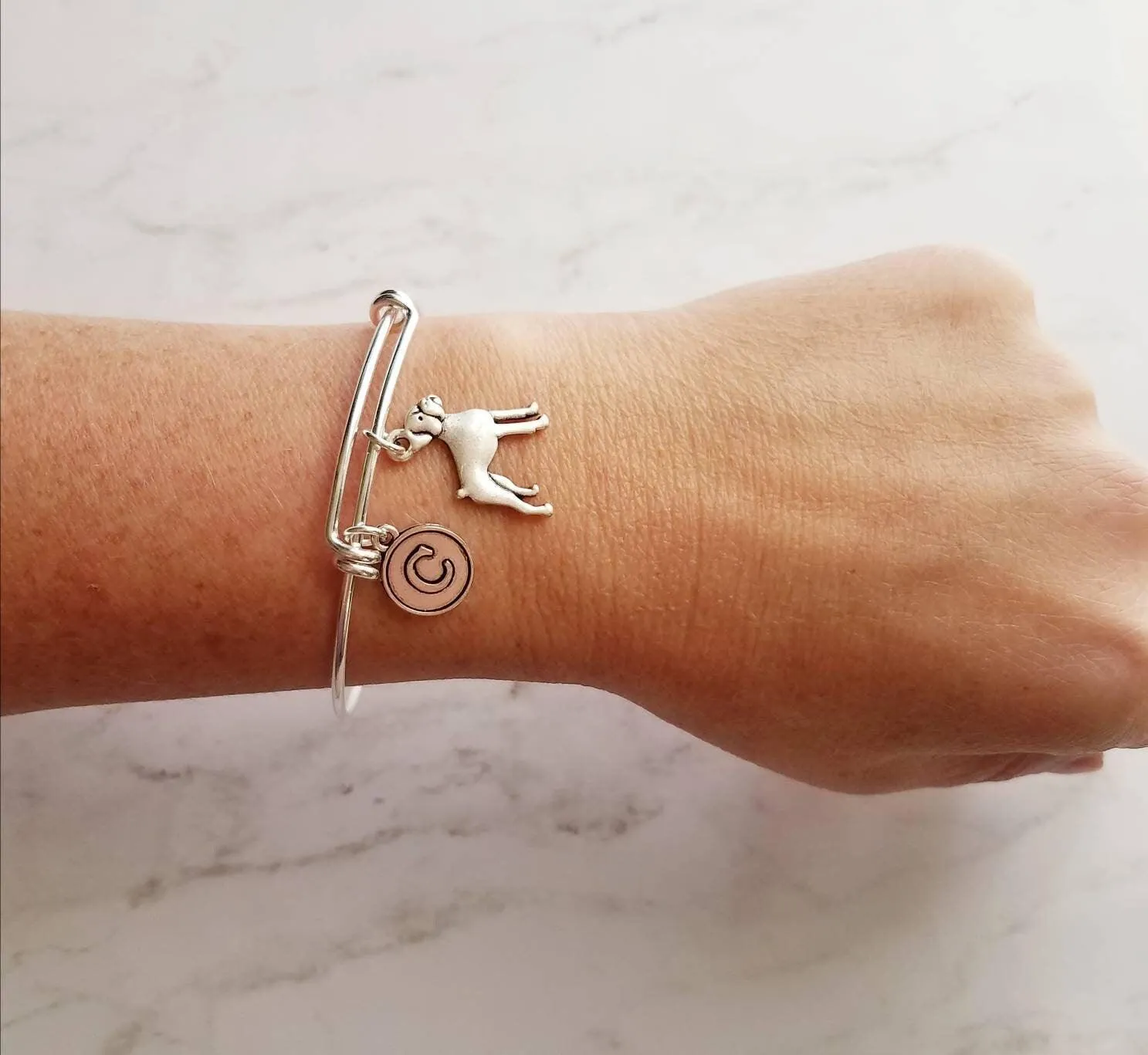 Boxer Dog Bracelet - silver adjustable bangle double loop pet charm - personalized letter initial monogram - handmade Boxer puppy jewelry