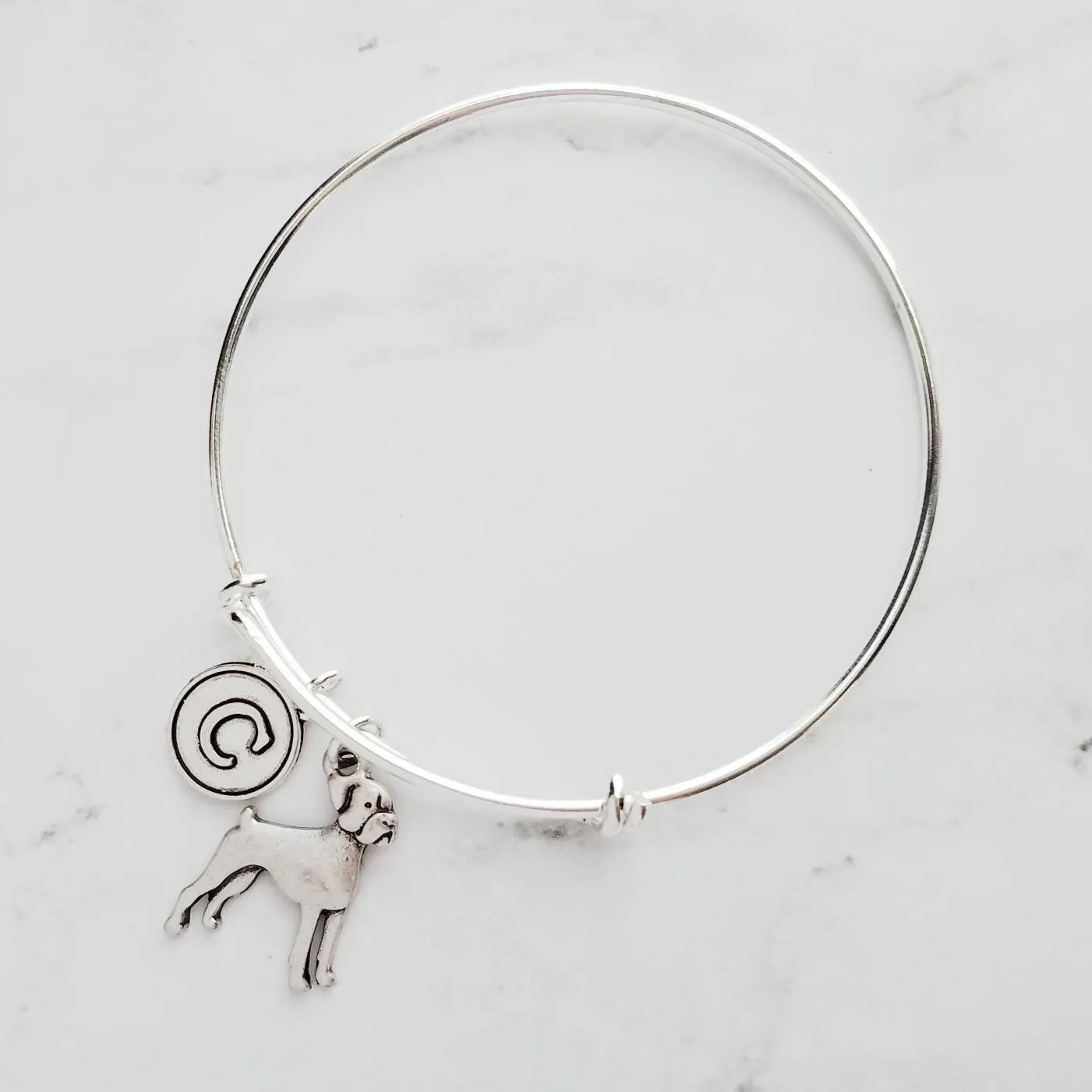 Boxer Dog Bracelet - silver adjustable bangle double loop pet charm - personalized letter initial monogram - handmade Boxer puppy jewelry