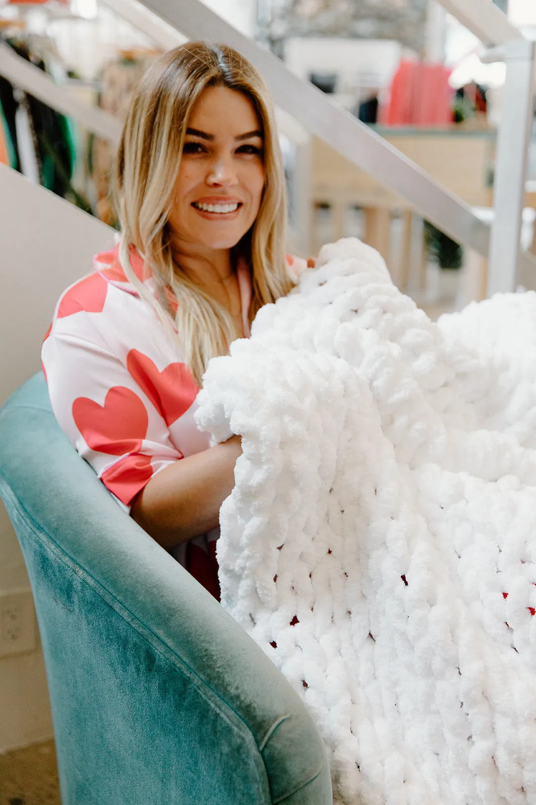Branded Weighted Hand-Knitted Throw Blanket in White