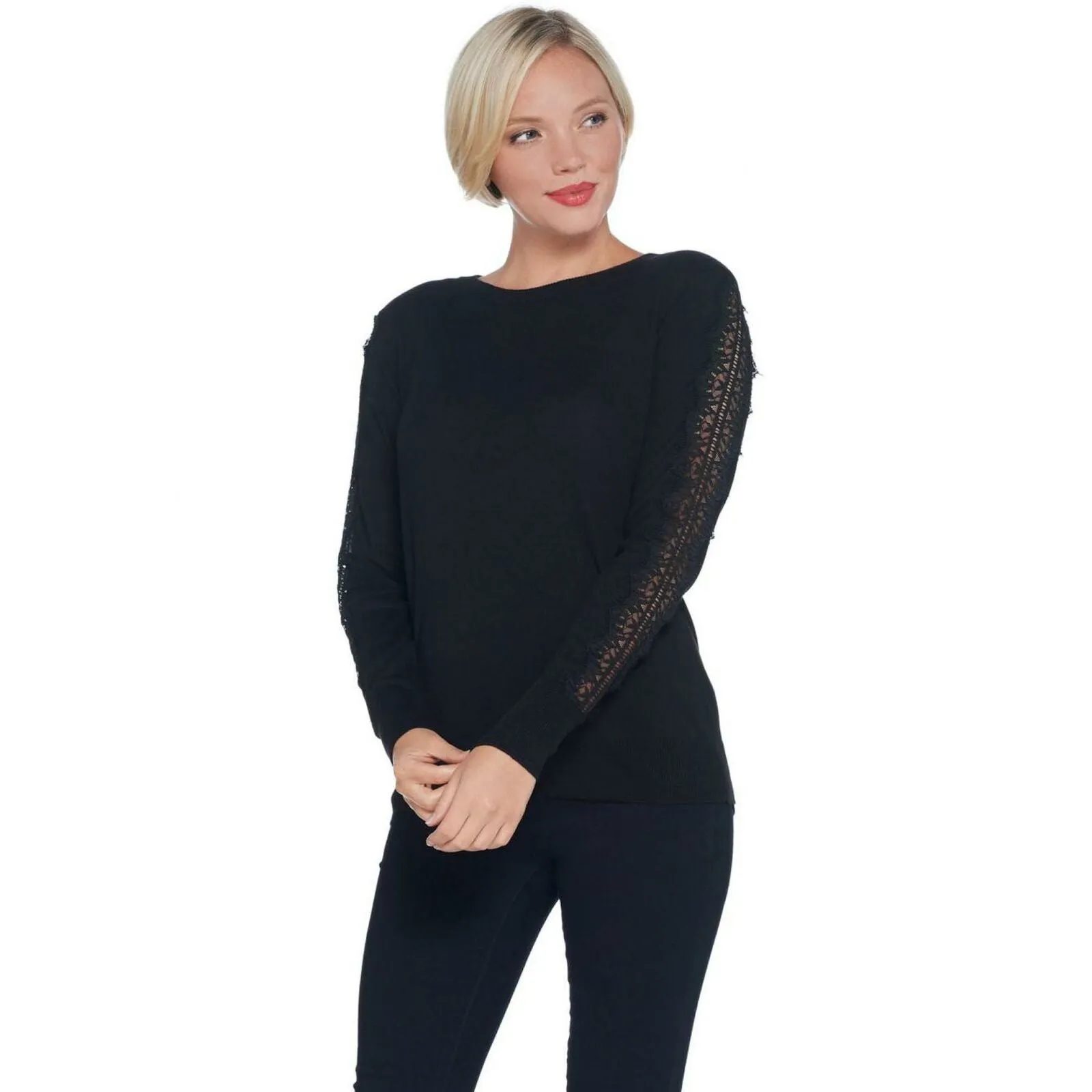 Brooke Shields Plus Size Timeless Pullover Sweater With Lace Sleeve Black 1X