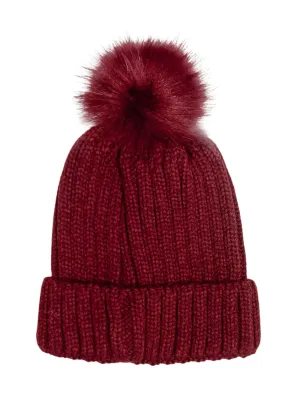 Burgundy Cable Knit Pom Pom Beanie Hat