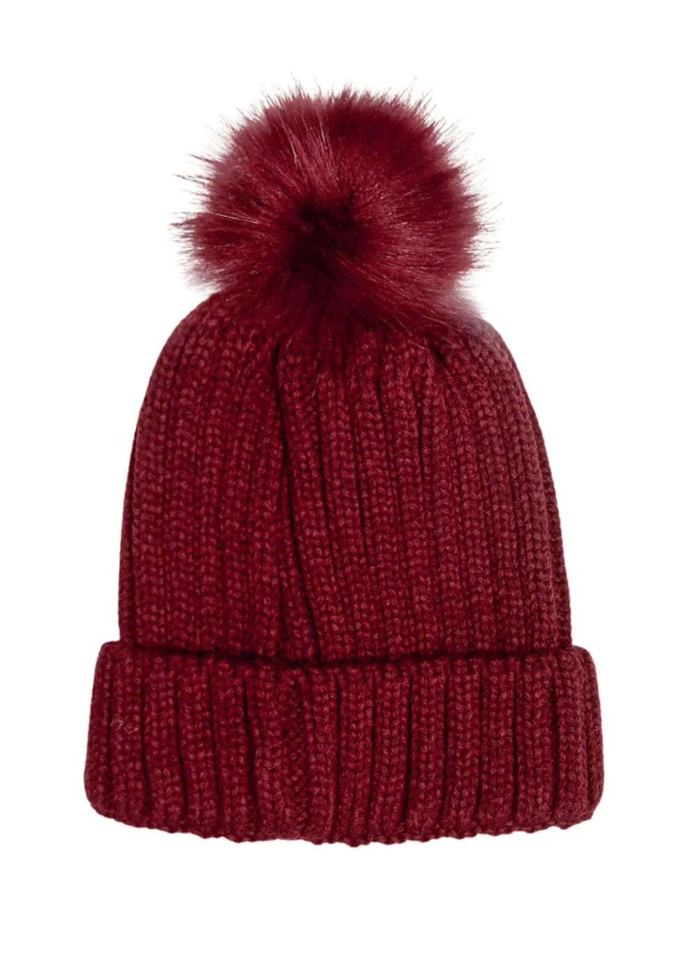 Burgundy Cable Knit Pom Pom Beanie Hat