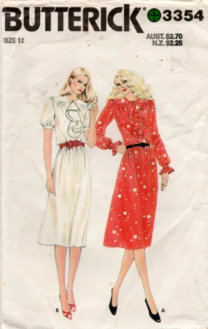 Butterick 3354 Womens Yoked Puffy Sleeved Dress with Flounced Neckline 1980s Vintage Sewing Pattern Size 12 Bust 34 inches