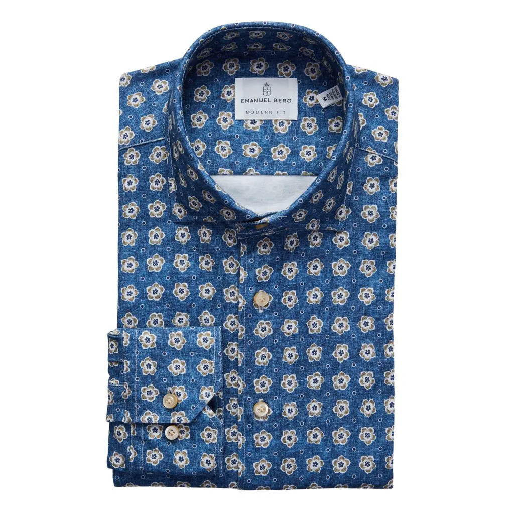 BYRON FLOWER PRINT FLEX KNIT SHIRT - BRIGHT BLUE AND BEIGE