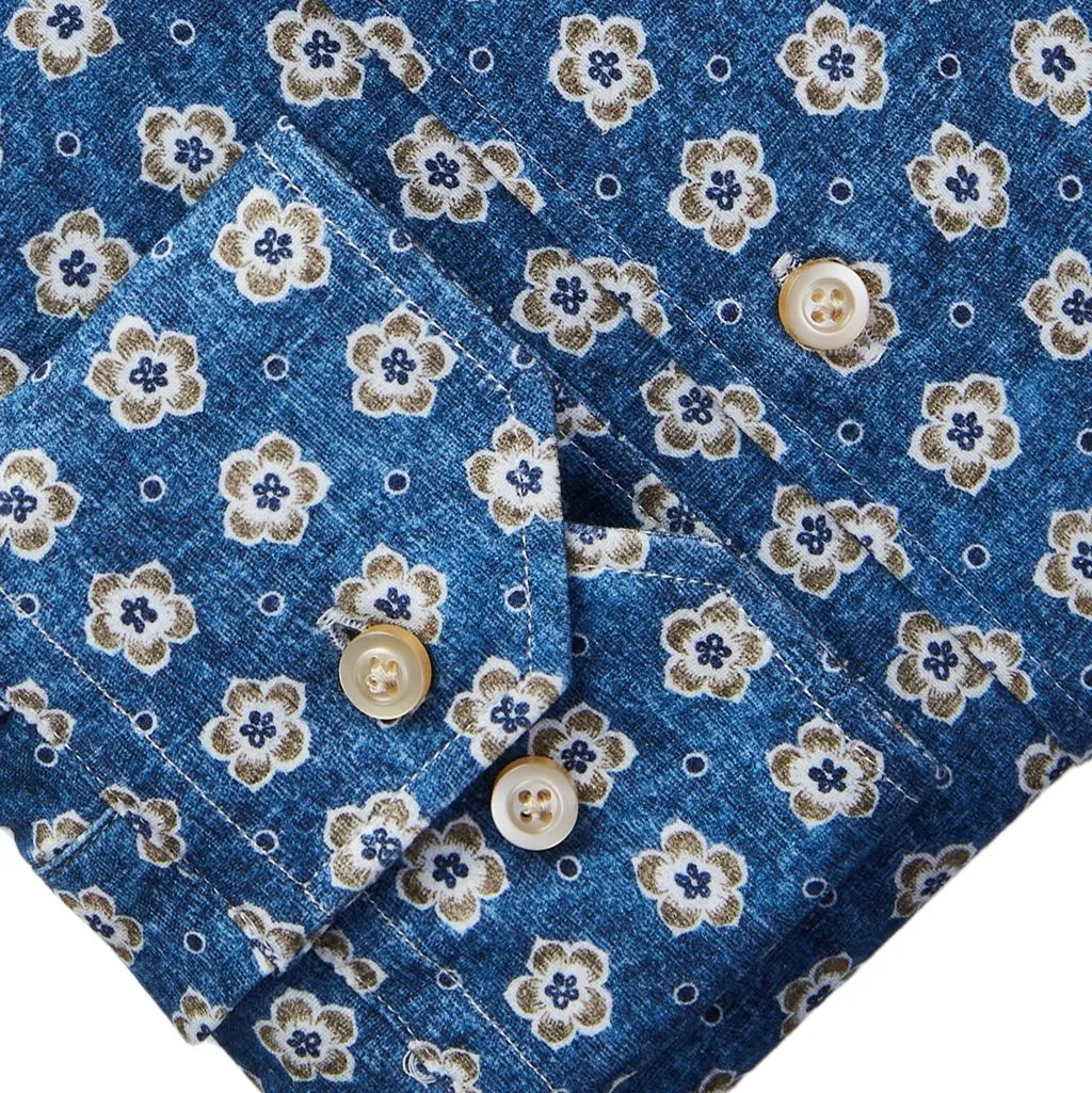 BYRON FLOWER PRINT FLEX KNIT SHIRT - BRIGHT BLUE AND BEIGE