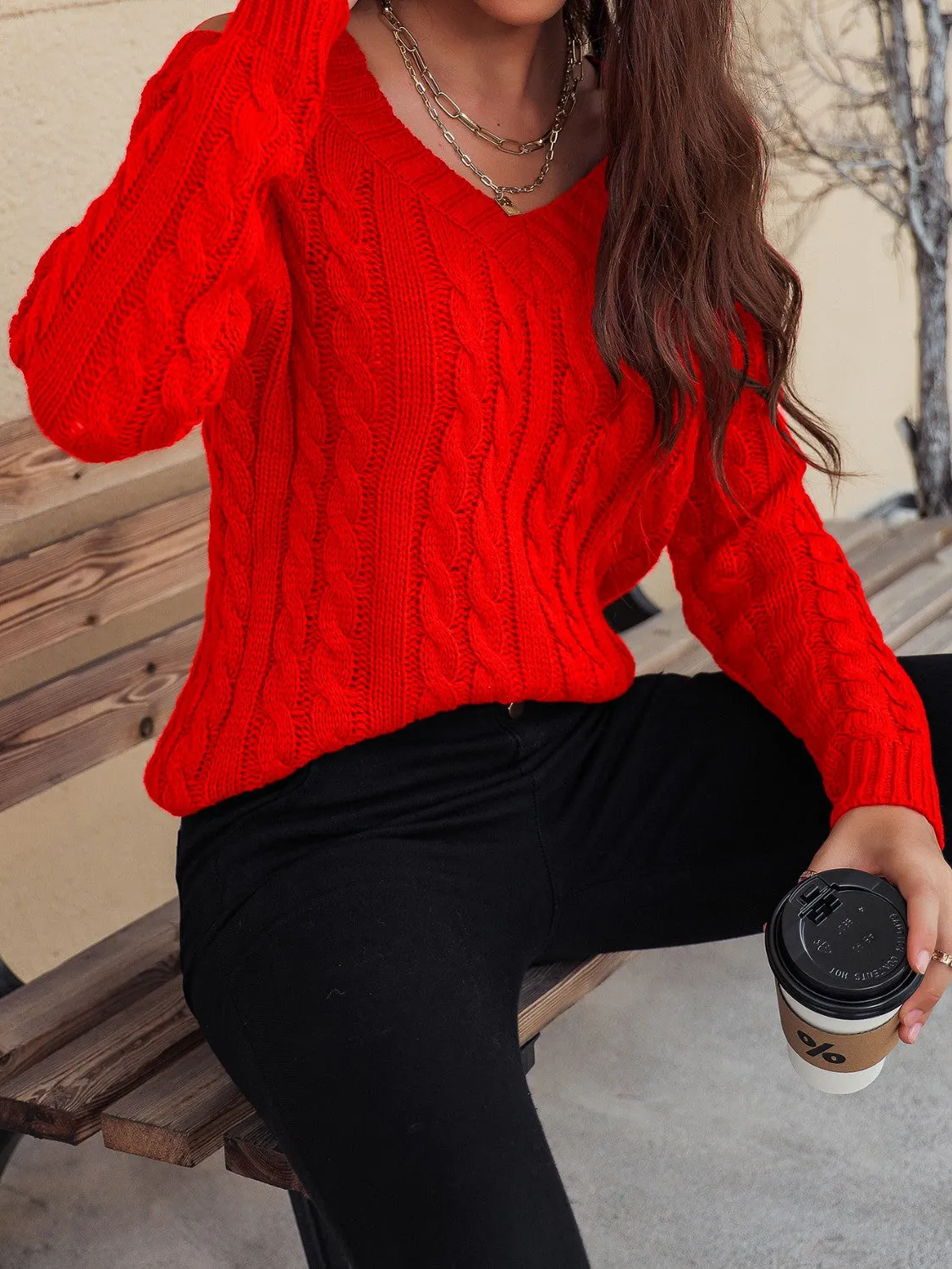 Cable-Knit Cold Shoulder Sweater