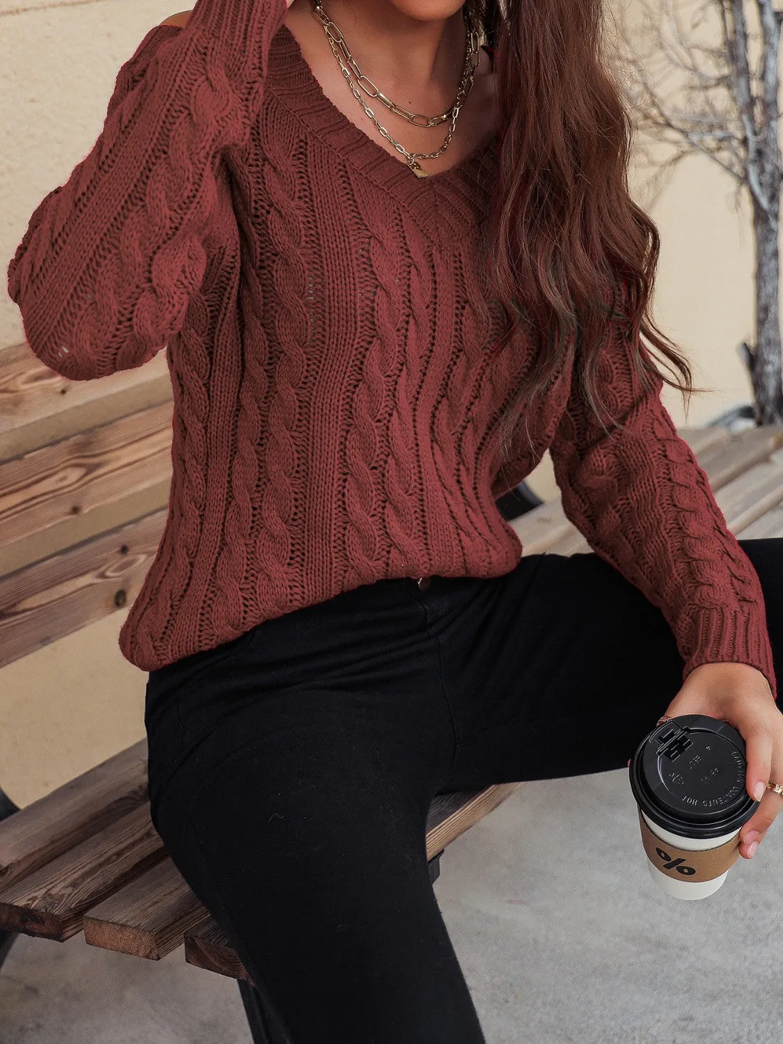 Cable-Knit Cold Shoulder Sweater