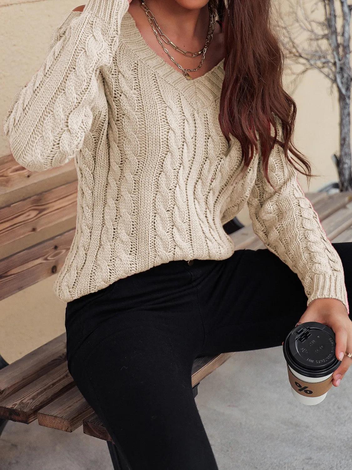 Cable-Knit Cold Shoulder Sweater