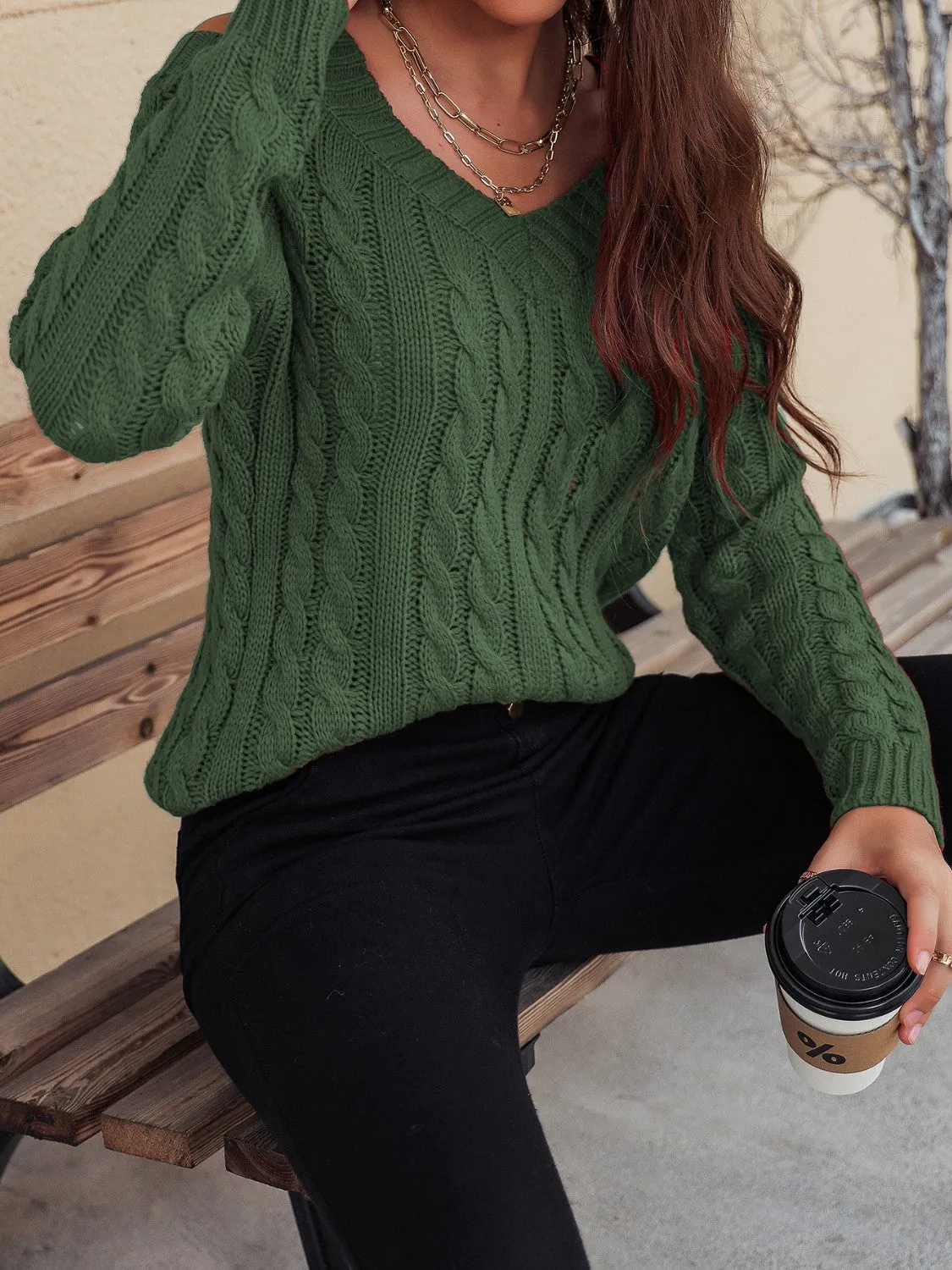 Cable-Knit Cold Shoulder Sweater