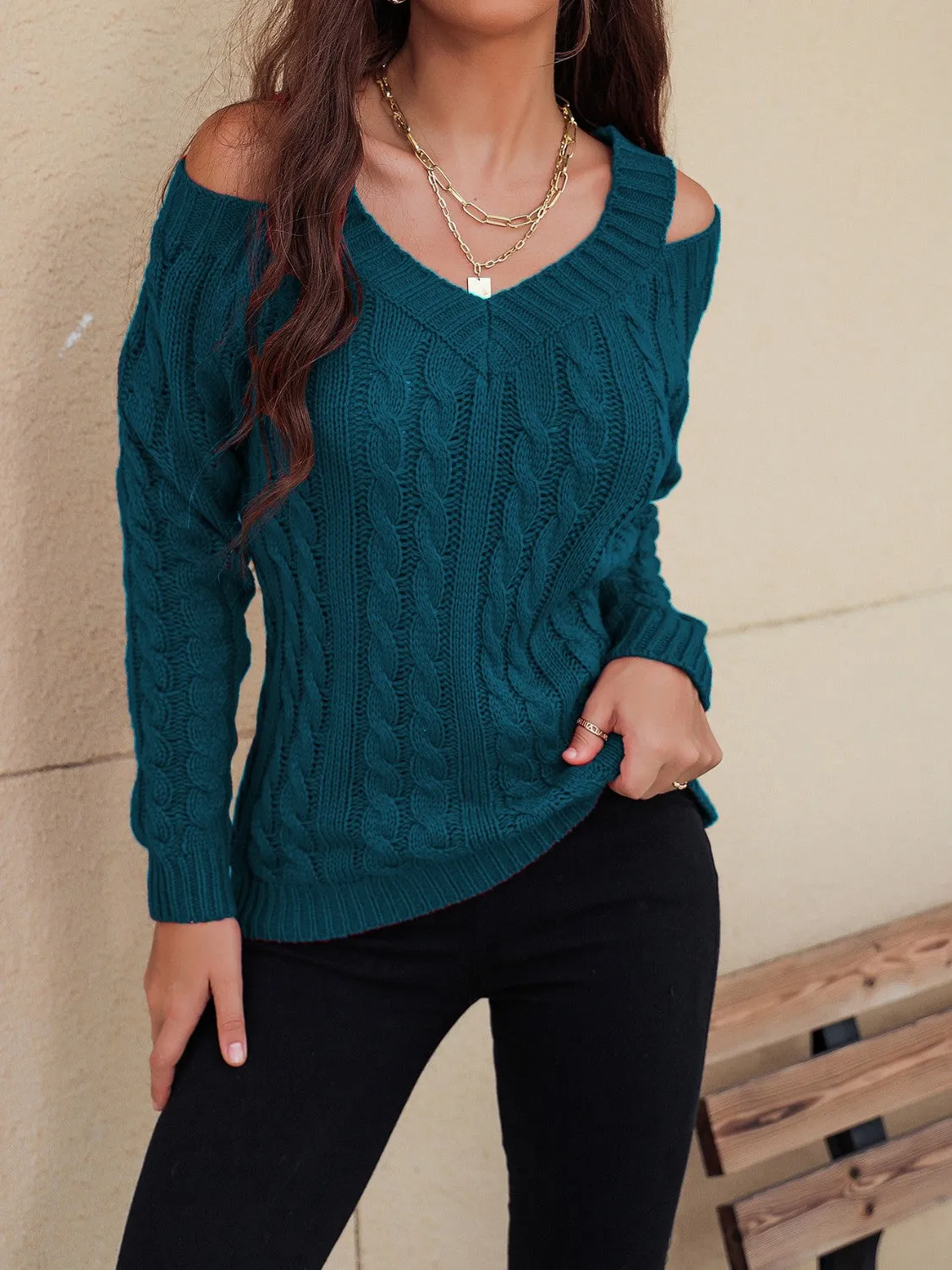 Cable-Knit Cold Shoulder Sweater