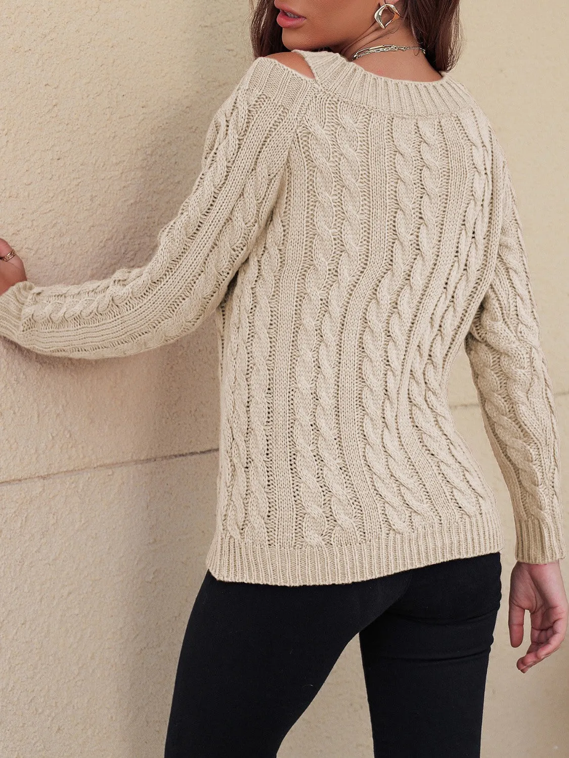 Cable-Knit Cold Shoulder Sweater