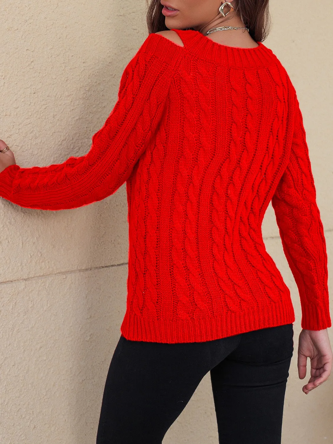 Cable-Knit Cold Shoulder Sweater