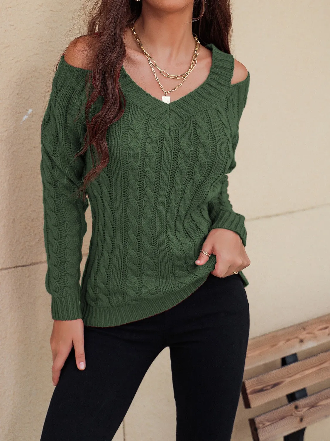 Cable-Knit Cold Shoulder Sweater
