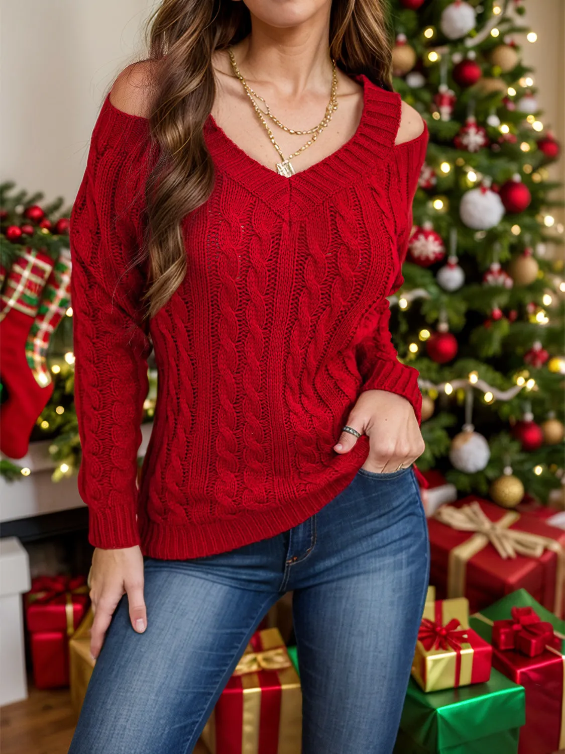 Cable-Knit Cold Shoulder Sweater