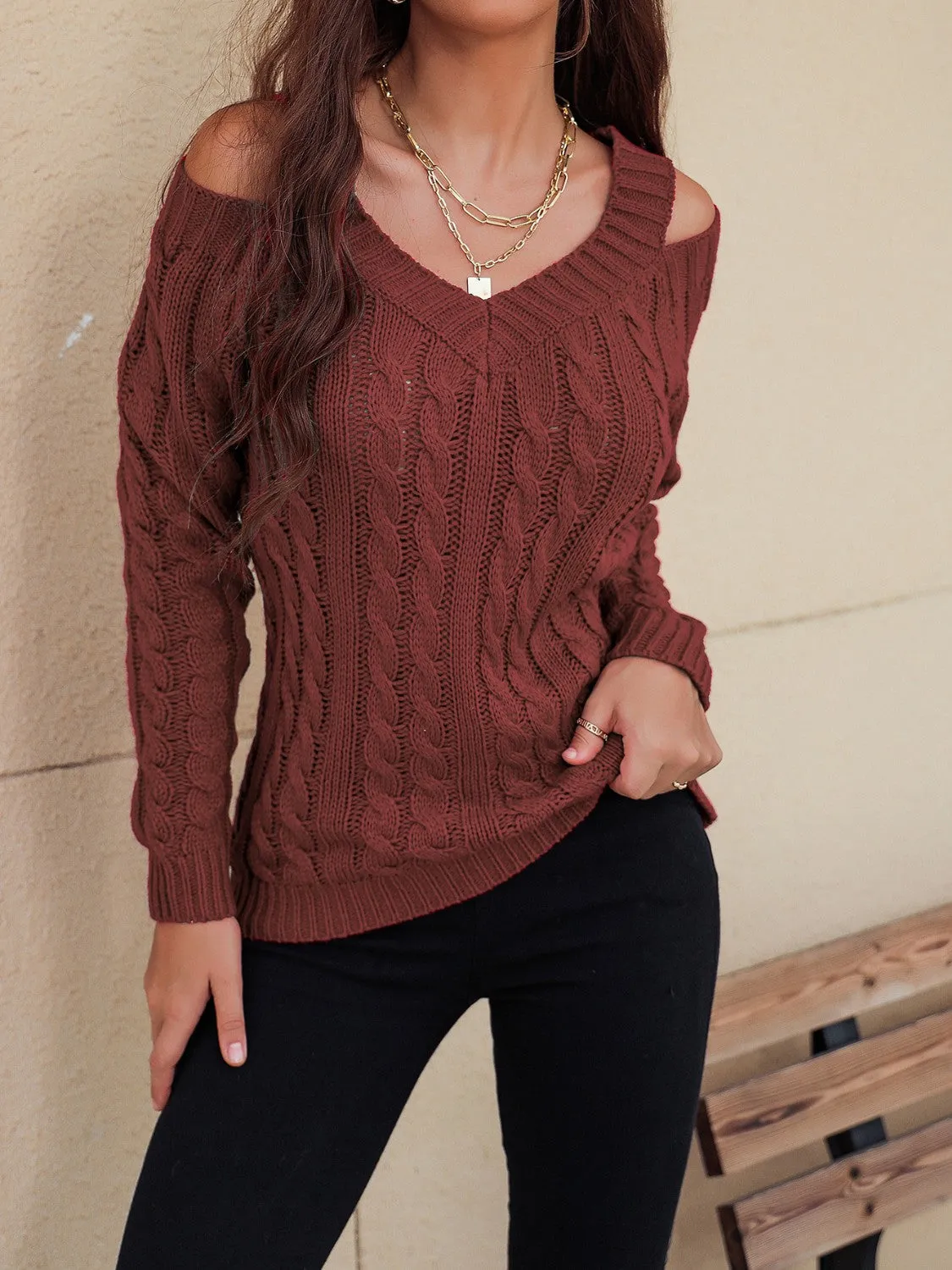 Cable-Knit Cold Shoulder Sweater