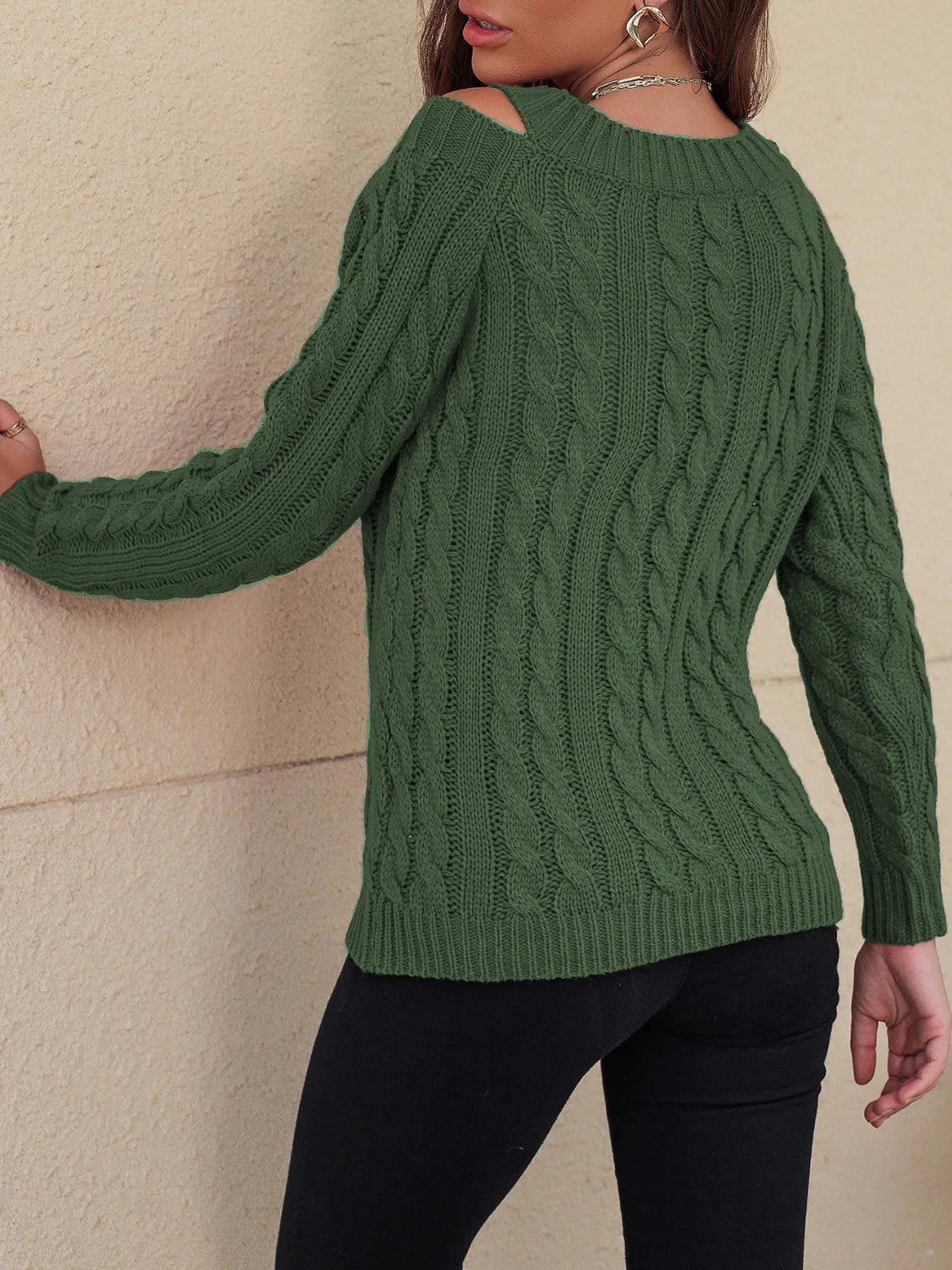 Cable-Knit Cold Shoulder Sweater