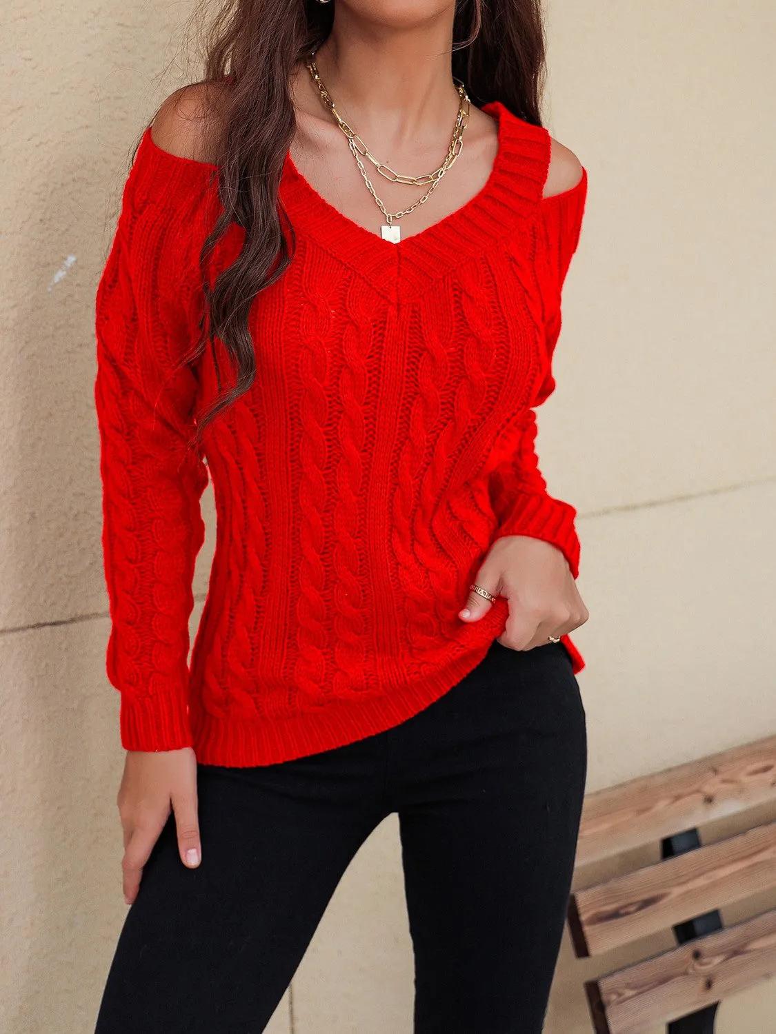 Cable-Knit Cold Shoulder Sweater