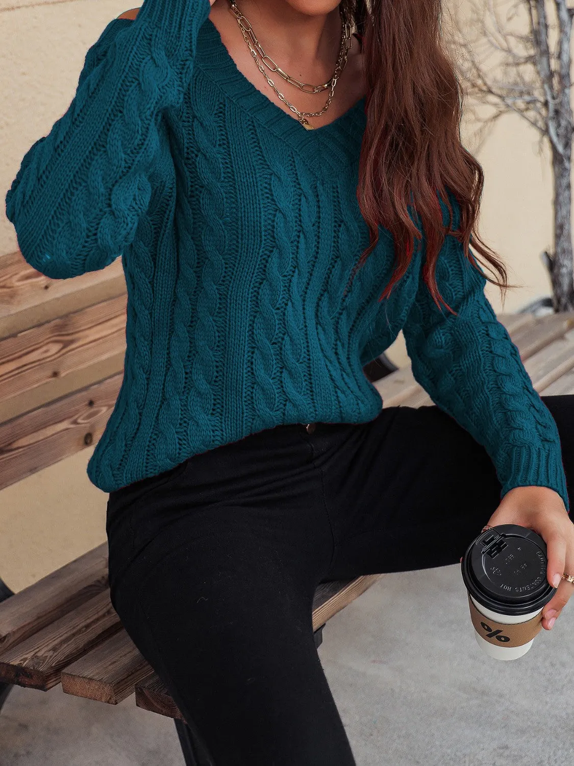 Cable-Knit Cold Shoulder Sweater