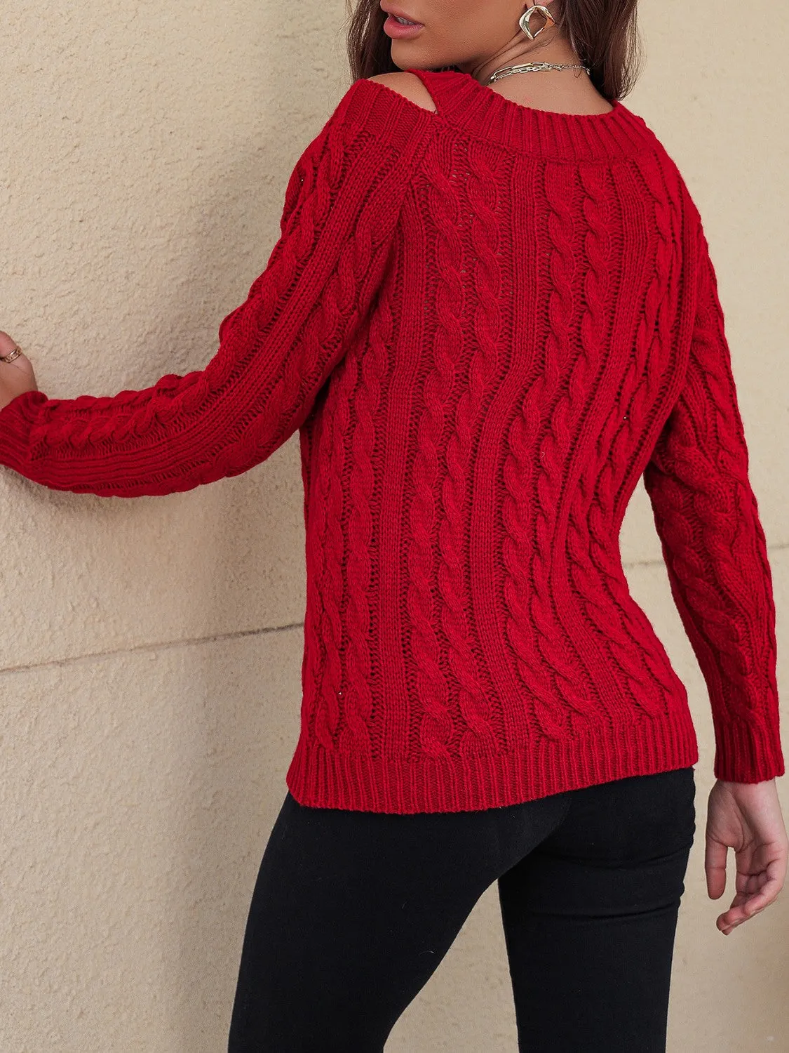 Cable-Knit Cold Shoulder Sweater